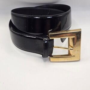 Vintage CC Courtenay Black Patent Belt M Gold Square Buckle 80s 90s Retro Glam